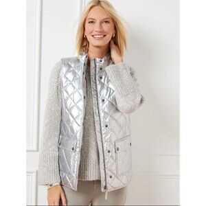 Talbots Silver Metallic Quilted Down Puffer Vest - Misses L - NWT